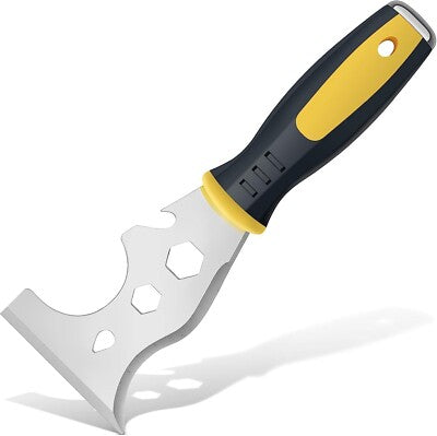 Putty tool 12-in-1 multi-functional putty knife – stainless steel blade with soft grip rubber handle | roller cleaner, putty spreader, nail puller– ergonomic scraper tool for painters, DIYers